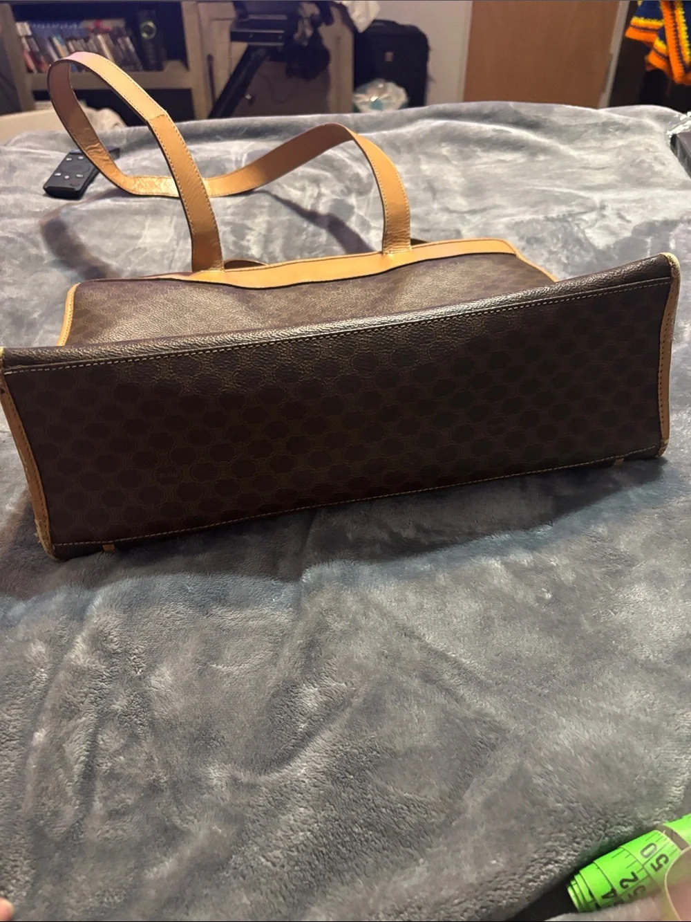 Celine vintage Brown Canvas Laptop Shoulder Bag with Tan Leather Trim